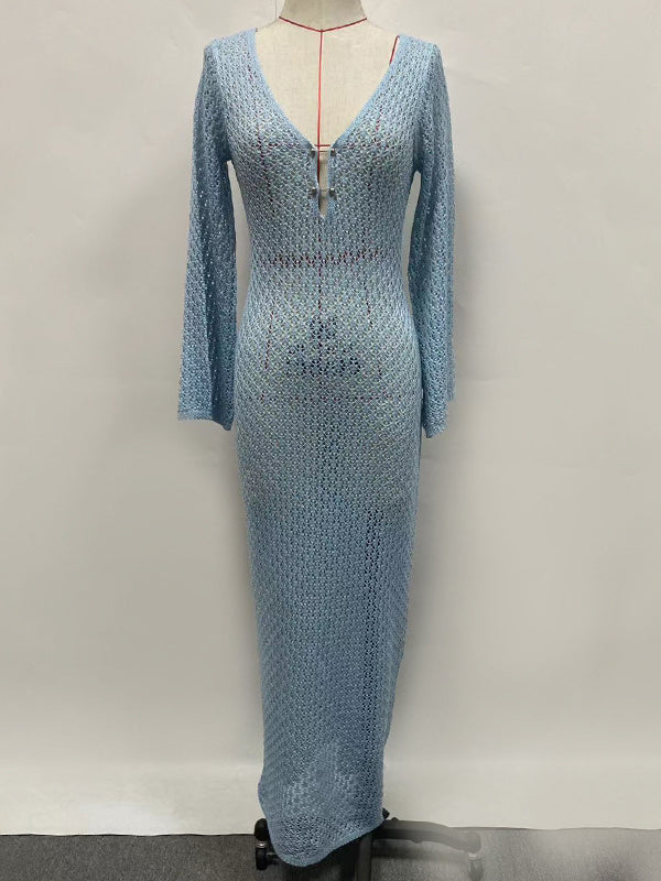 Hollow See-through Smocked Color Sun Protection Deep V-neck Beach Cover-up Maxi Dresses