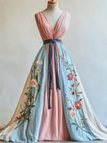 Floral Embroidered Trans Inspired Colorblock Linen Maxi Dress elevenforest