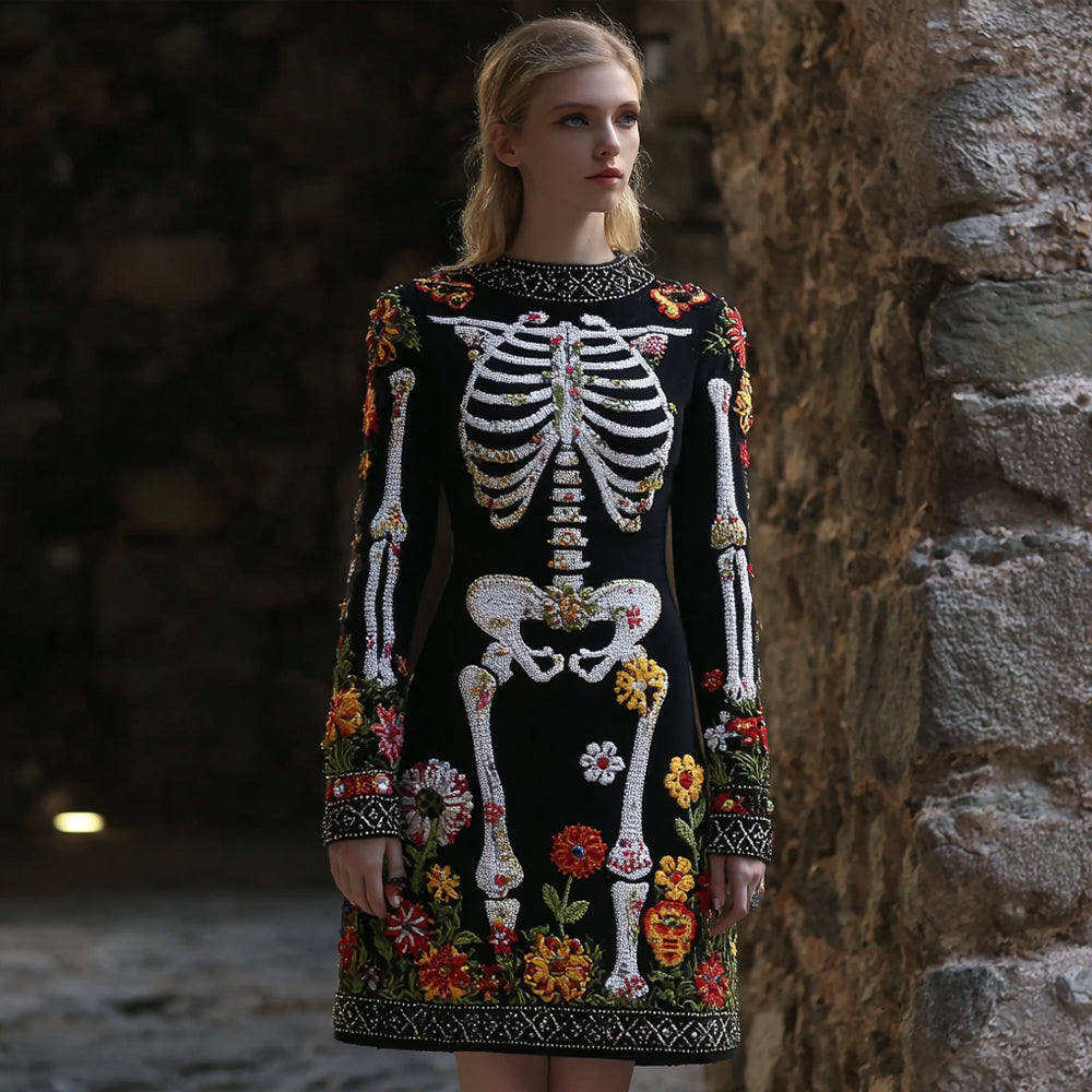 Women's Vintage Halloween Skeleton Bones  Flower Comfortable Elegant Sweater Dress elevenforest
