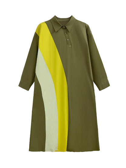 Long Sleeves Loose Asymmetric Buttoned Contrast Color Split-joint Lapel Midi Dresses Shirt Dress