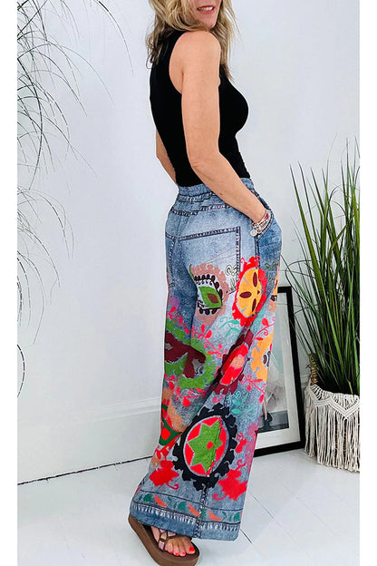 Hippie Style Unique Denim Print Elastic Waist Pocketed Wide Leg Pants