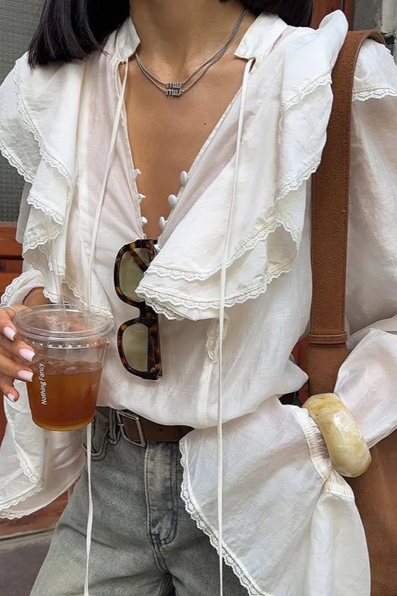 V-neck Tie Lace Trim Blouse