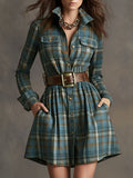 Retro Ethnic Style Blue-green-brown Plaid Mini Dress