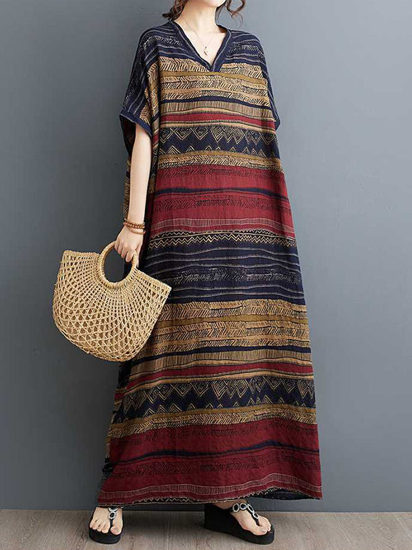 A-line Batwing Sleeves Split-joint Striped V-neck Maxi Dresses