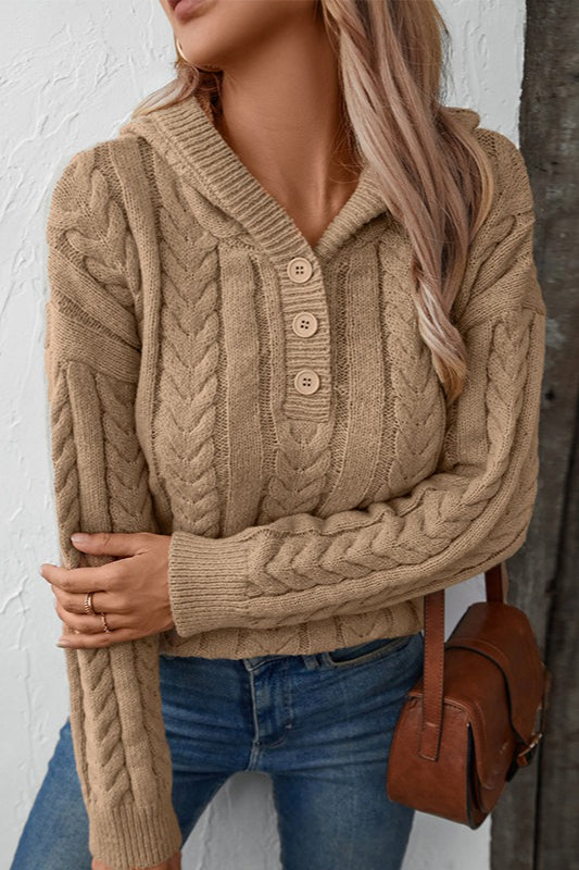 Color Button-front Hooded Thick Warm Sweater