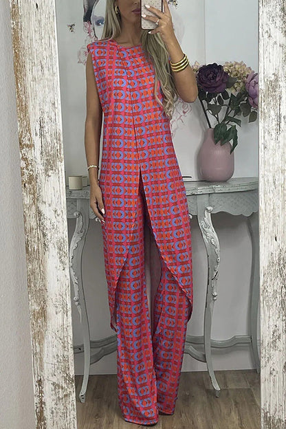 Retro Print Split Top Two-piece Set