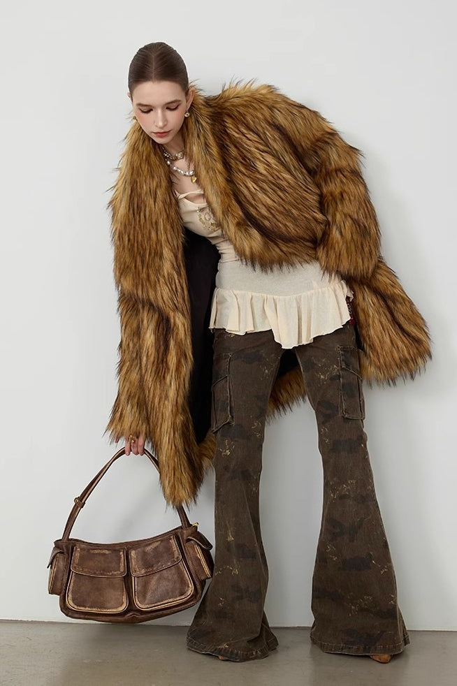 Plush Faux Animal Fur Loose Warm Mid-length Notch Collar Coat