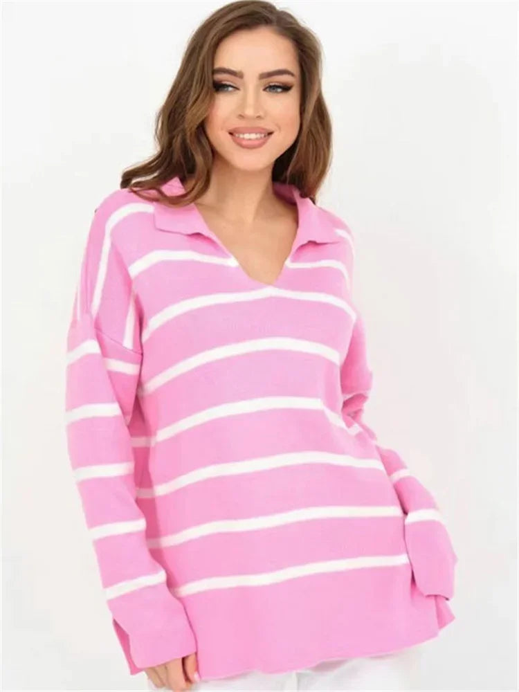 V-neck Knit Pullover for Striped Slim Long Sleeve Contrast Loose Sweater High Street Knitwear Pullover Top