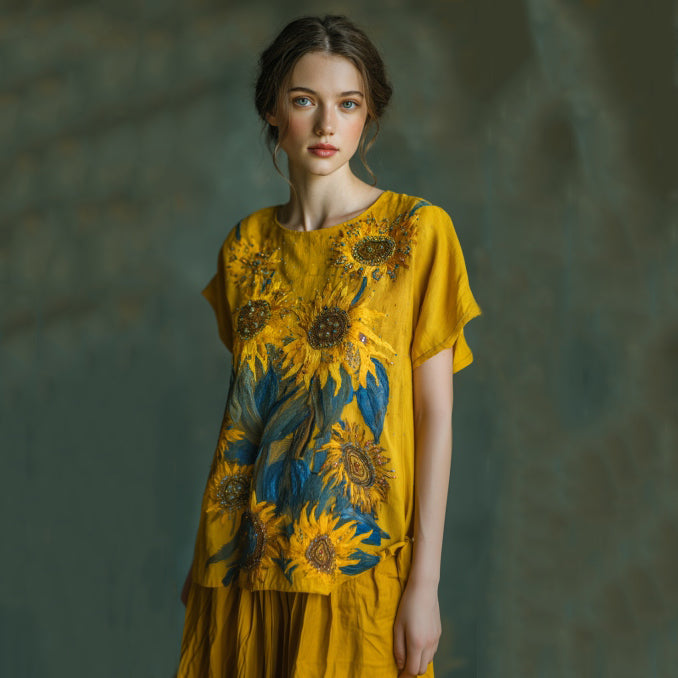 Sunflower Hand-beaded Embroidery Oil Painting Style Linen T-shirt elevenforest