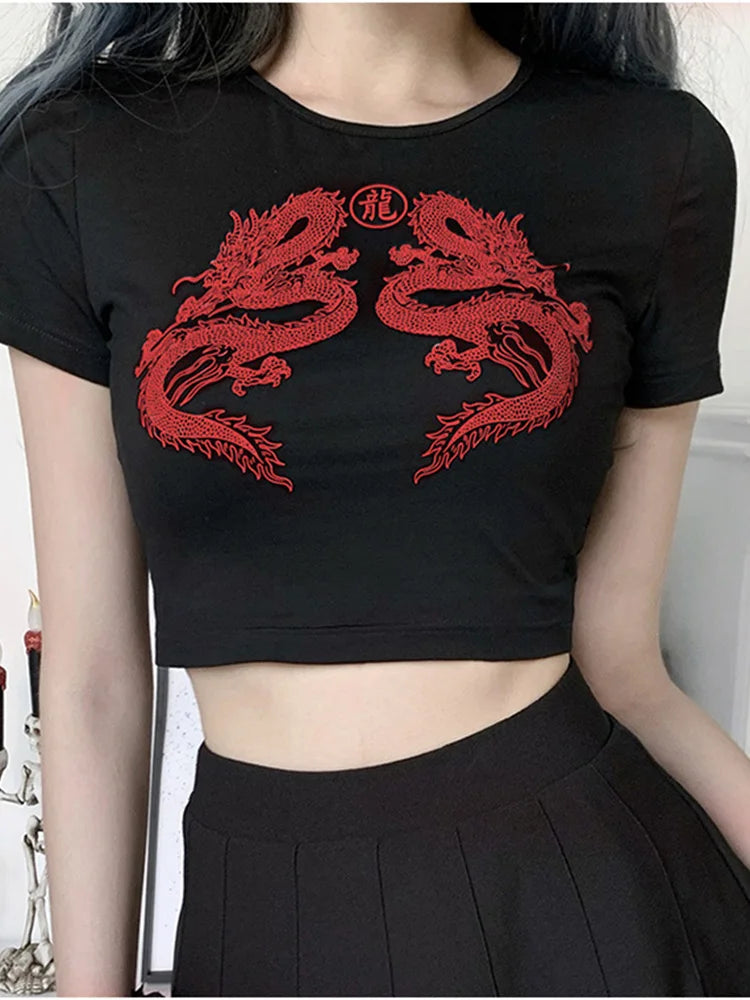 Short Sleeve Dragon Print T-shirt Summer Crop Top for Shopping Daily Wear