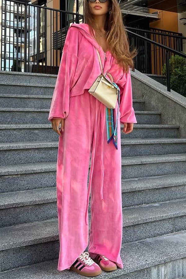 Velvet Zip-up Hooded Top and Elastic Waist Wide Leg Pants Set