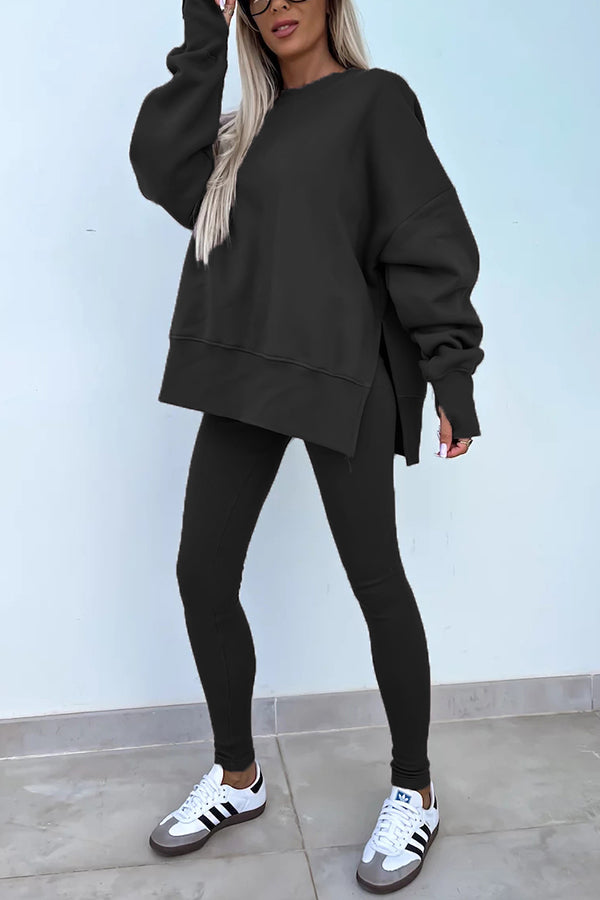 Color Loose Long Sleeve Slitsweatshirt and Elastic Waist Tight Pants Set