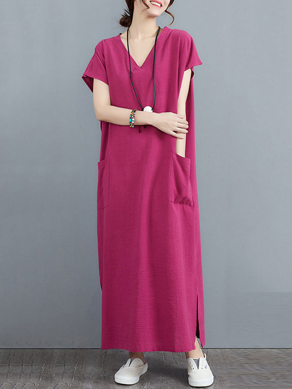 Simple Ramie Cotton Color Split-side With Pocket V-neck Short Sleeves Maxi Dress