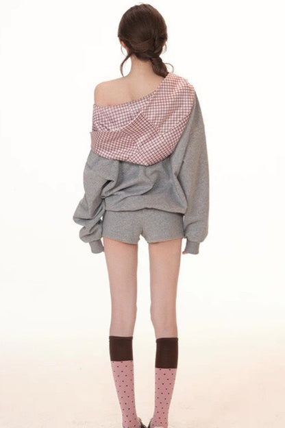 Plaid Patchworkoff-the-shoulder Oversized Two Piece Set