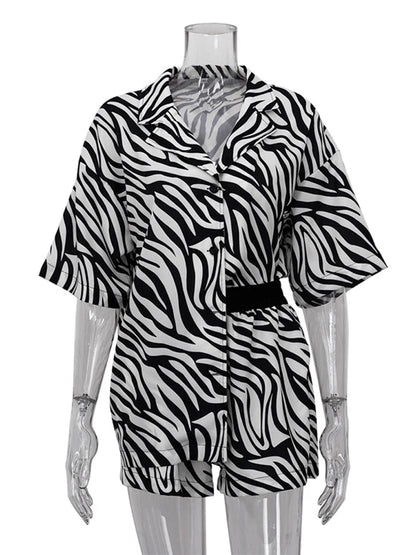 Two Piece Sets Outfits Zebra Printed Loose Shirt Tops and High Waist Shorts Set Summer New