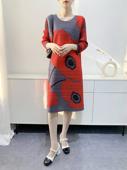 Original Three-quarter Sleeves Loose Printed Contrast Color Pleated Round-neck Midi Dresses
