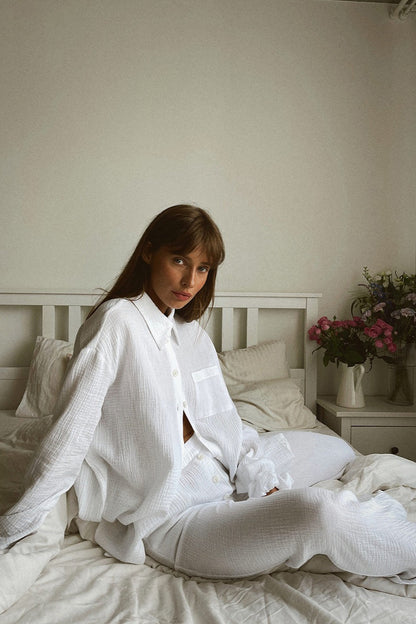 Cotton Wrinkled Shirt Pants Two Piece Set