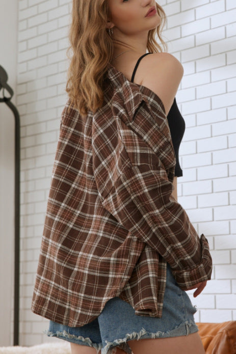 Plaid Stand Collar Button Shirt Blouse