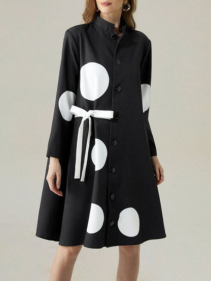 Long Sleeves Loose Asymmetric Buttoned Polka-dot Tied Mock Neck Jackets&coats Midi Dresses Outerwear