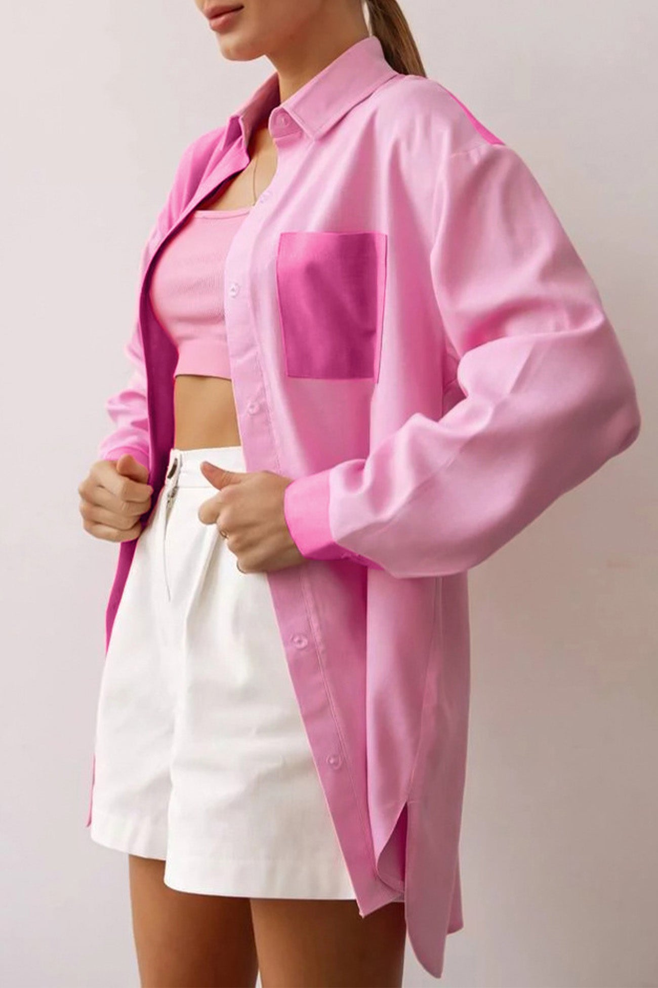 Pink Lapel Pocket Button-up Long Sleeve Blouse