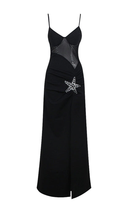 Starfish Embellished Mesh Bodice Maxi Dress in Black