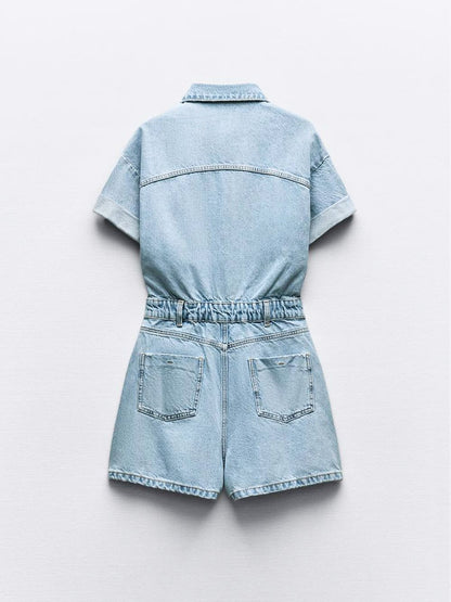Mini Denim Cuffed-romper-blue