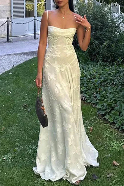 Spaghetti Strap Back Lace-up Applique Flower Lace Maxi Dress