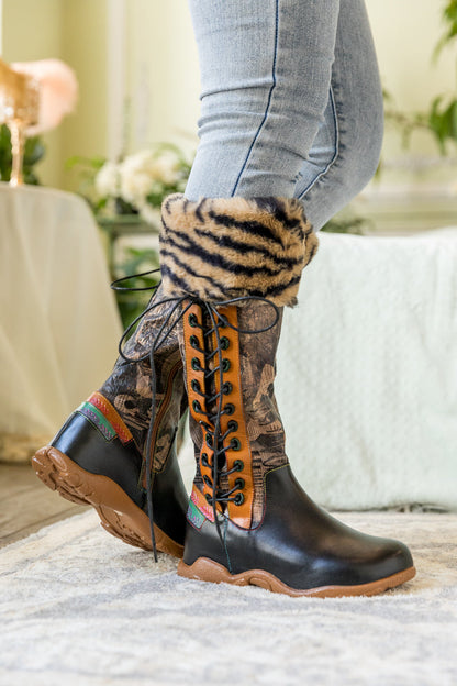 Soffia | Tiger Pattern Fur Circum Leather Tie-accent Boot