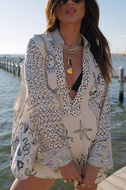 Moxidress Collared V Neck Shirt and Side Slit Shorts Vitamin Sea Print Set
