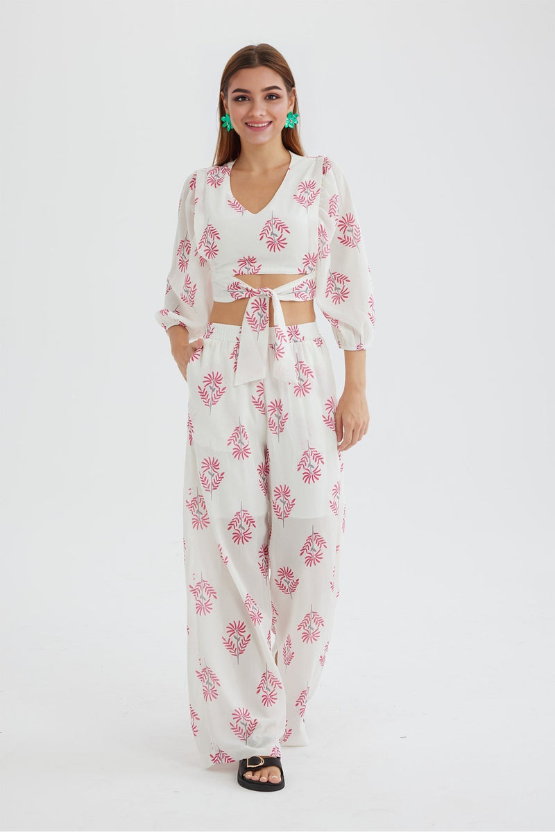 Print Puff Sleeve Knotted-front Tops Long Pants Suits