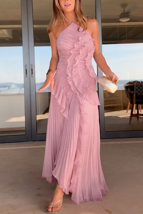 Moxidress Strappy Halter Neck Ruffle Trim Asymmetric Hem Pleated Maxi Dress
