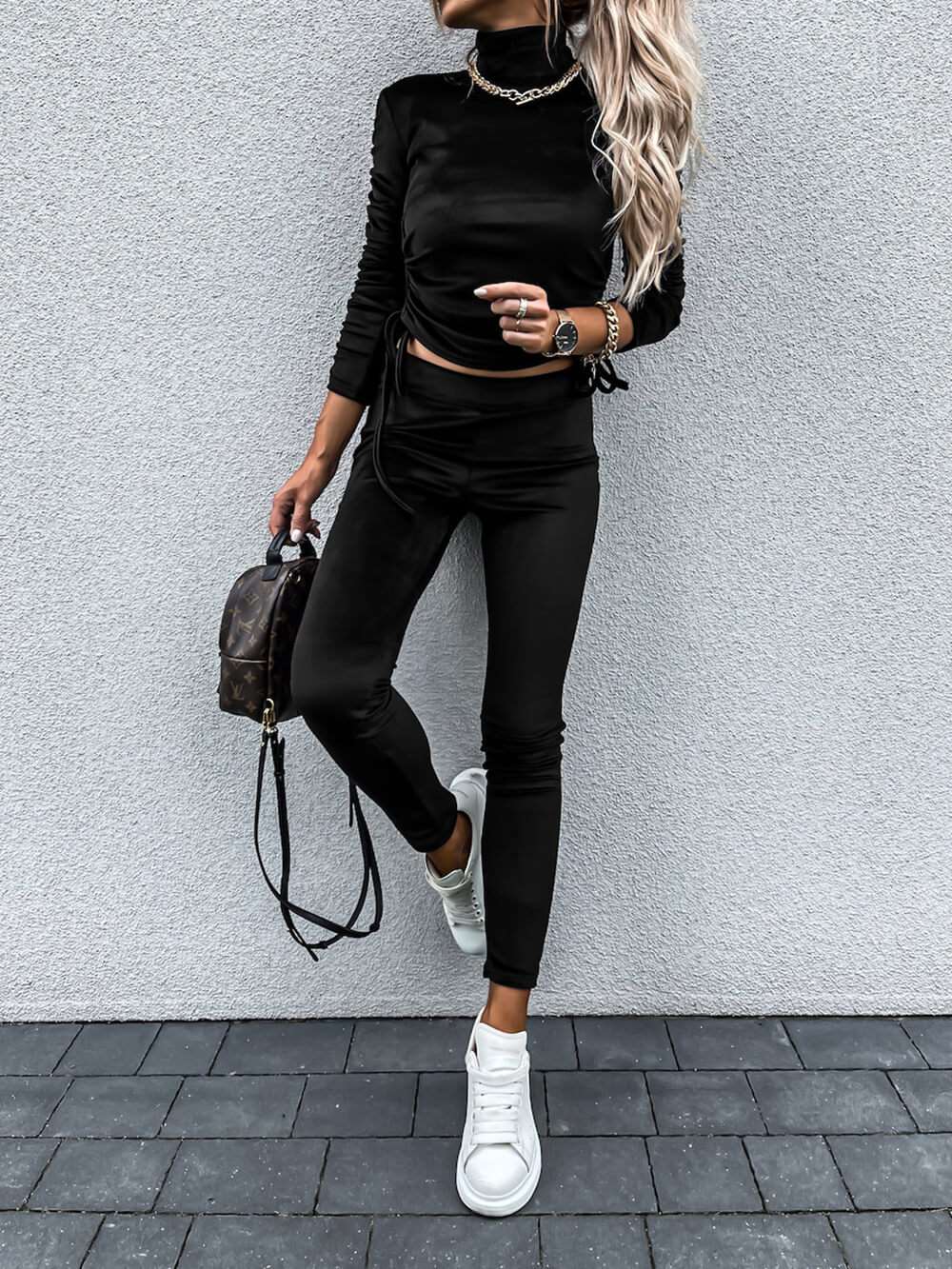 Daily Draw String Fold Turtleneck Long Sleeve Two Pieces