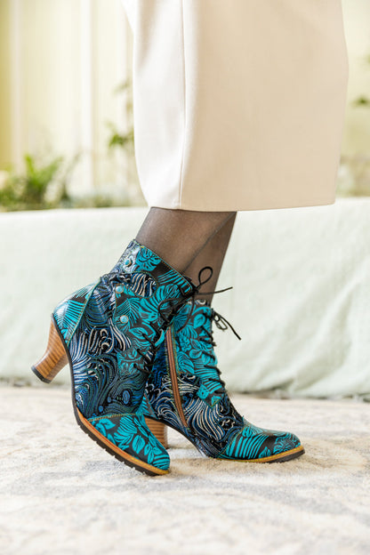 Soffia | Palm Leaf Peacock Feather Leather Ankle Boot