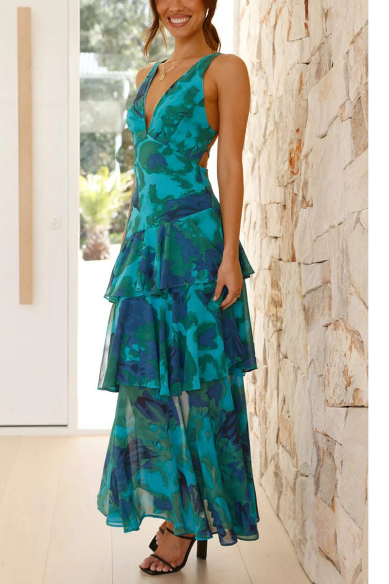Print Tie-up Back Chiffon Tiered Dress