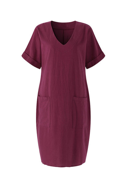 V-neck Short Sleeve Pocketed Cotton Dress