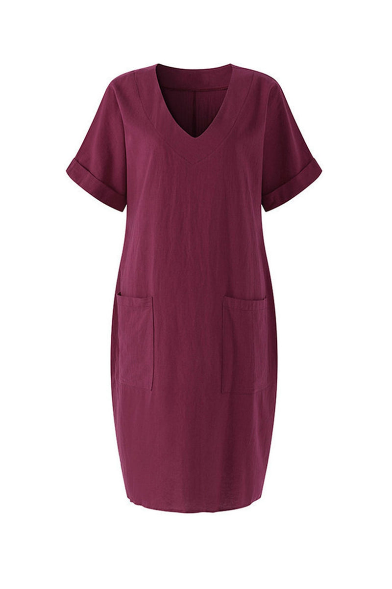 V-neck Short Sleeve Pocketed Cotton Dress