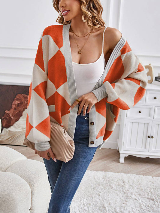 V-neck Geometric Color Block Knit Cardigan