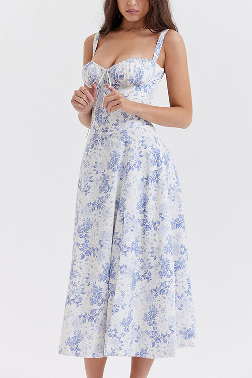 Adjustable Strap High Waist Slit Swing Midi Dress