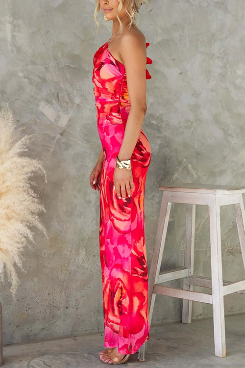 Moxidress Ruffle One Shoulder Print Bodycon Maxi Dress