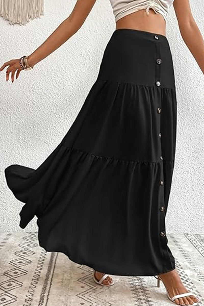 Single-breasted Color Tiered Maxi Skirt