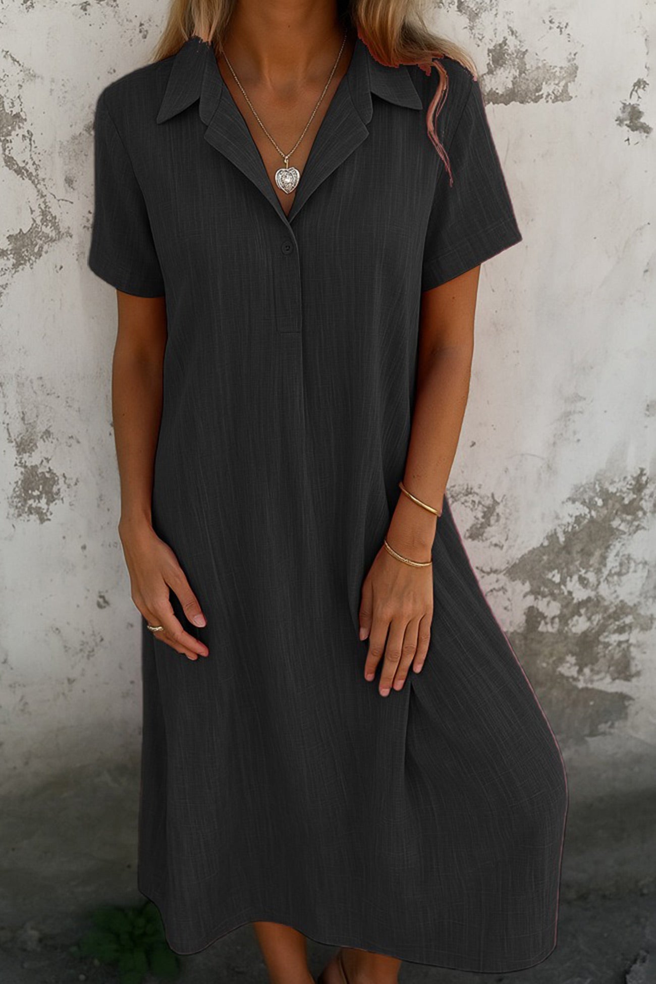 V-neck Color Short-sleeve Shirt Dress