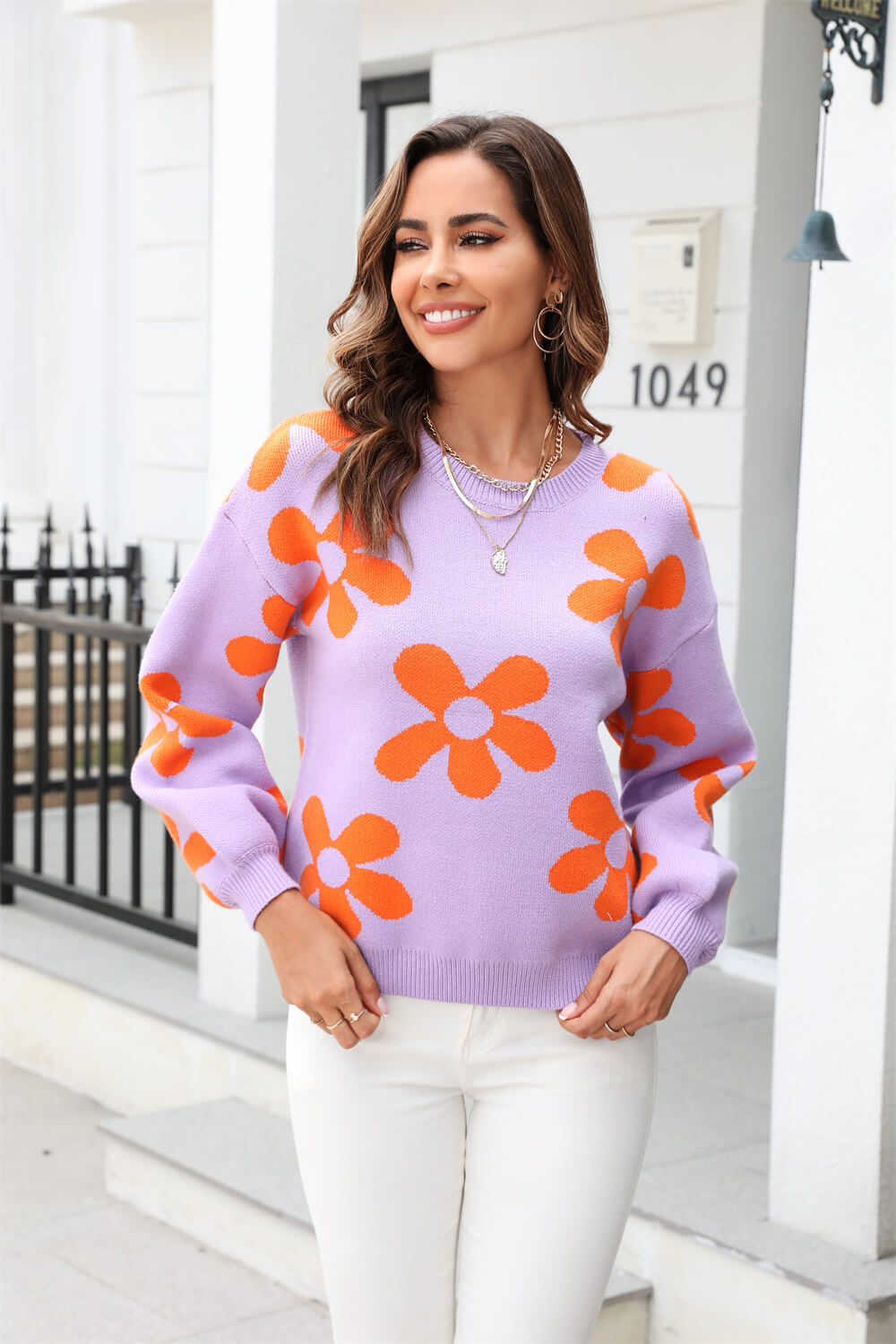 Fall Mega Daisy Pullover Sweater - Purple