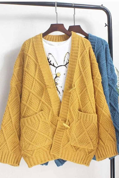 Ribbed Horn Buckle Pockets Cardigan(4 Colors)