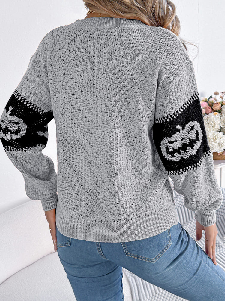 Halloween Pumpkin Head Color-block Crew Neck Knit Sweater