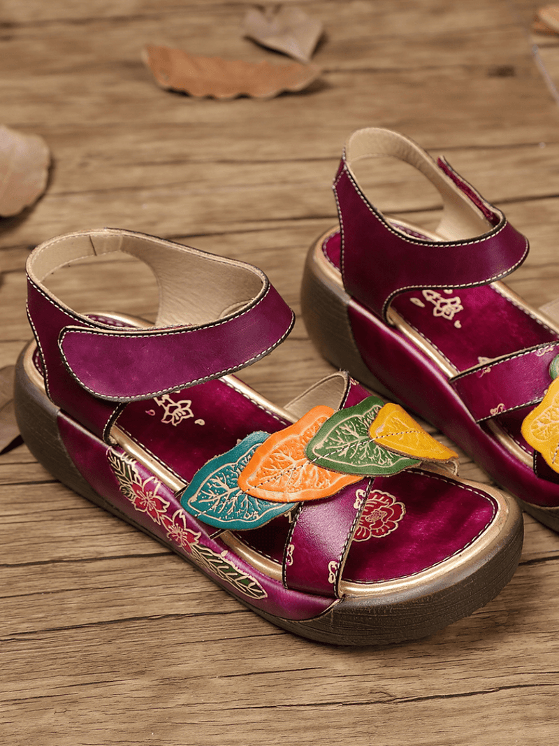 Soffia | Genuine Leather Applique Platform Ankle Strap Sandal