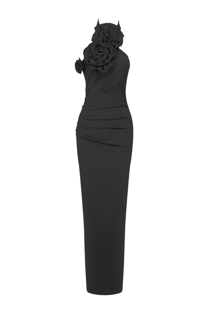 Aylin Black Ruched Halter Maxi Dress