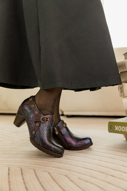 Soffia | Rose Embossed Relief Purple Leather Ankle Boot