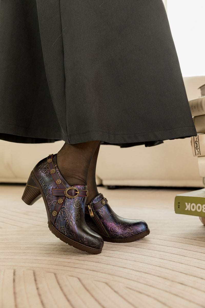 Soffia | Rose Embossed Relief Purple Leather Ankle Boot