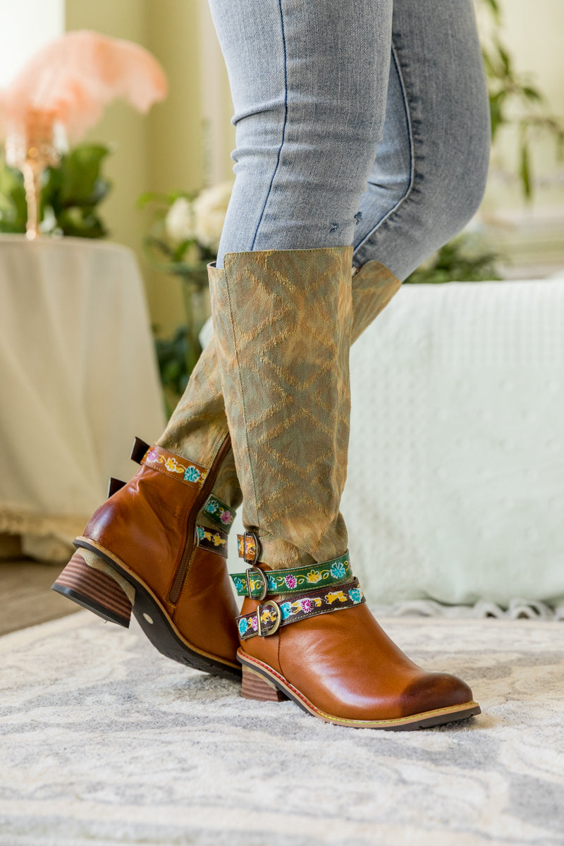Soffia | Tri-strap Canvas Leather Knee High Boot