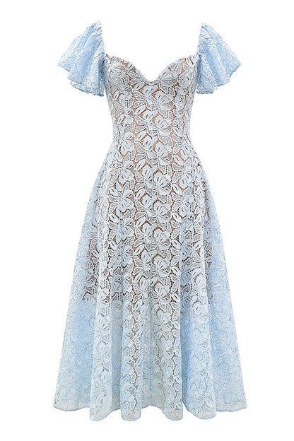 V Neck Flare Sleeves Lace Midi Dress